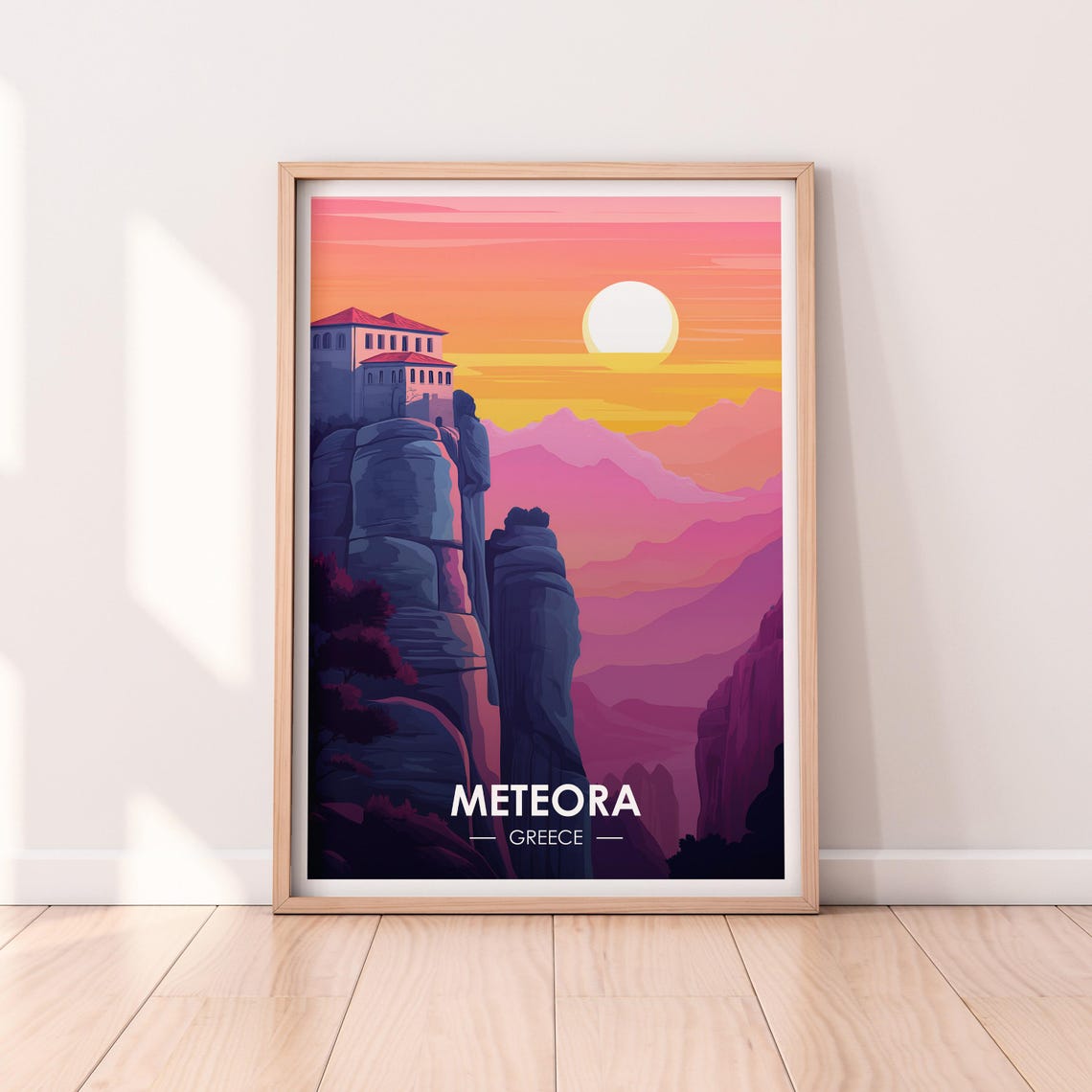 Meteora Greece Sunset Monastery On Rocky Pinnacle Travel Poster