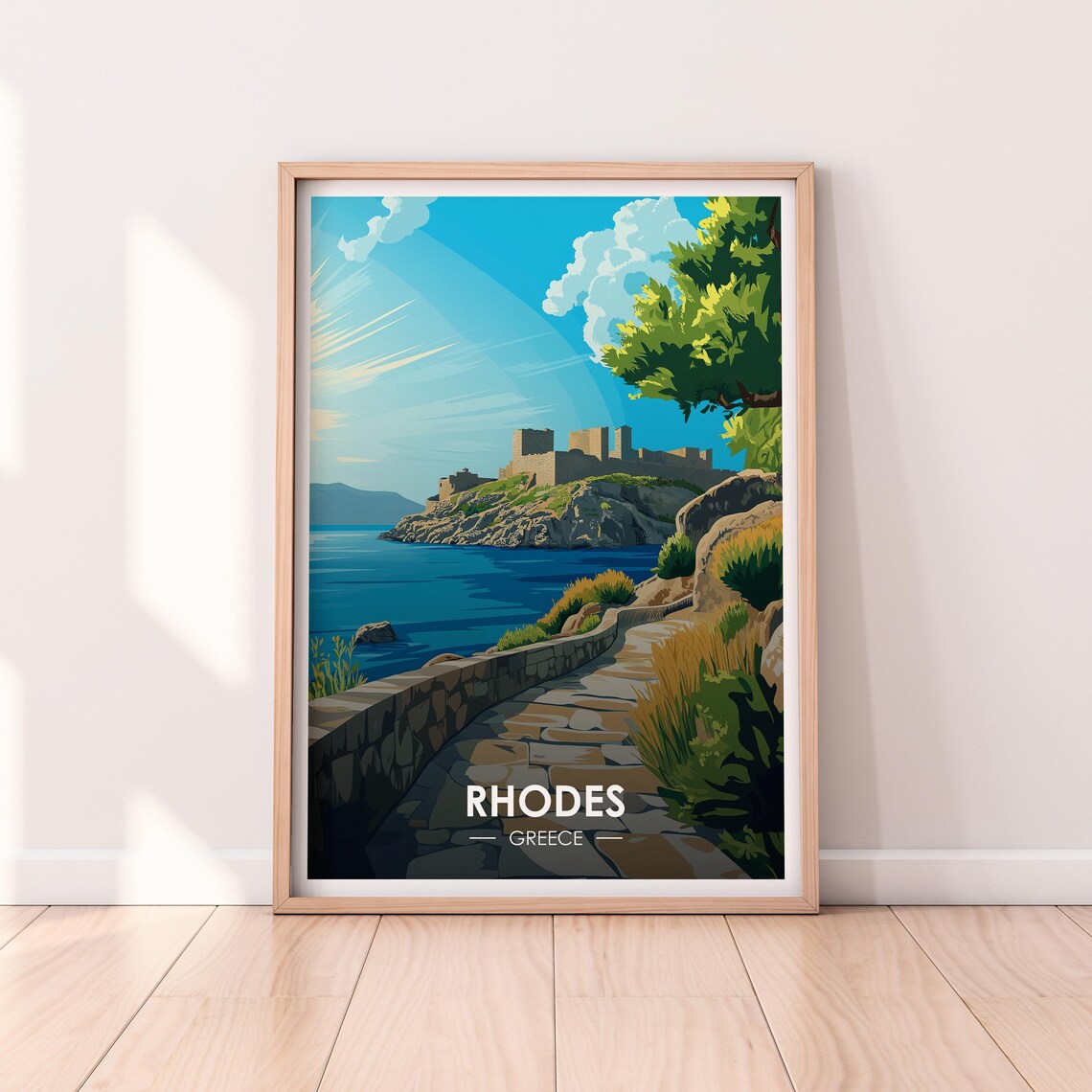 Rhodes Greece Coastal Fortress Island View Vintage Travel Poster