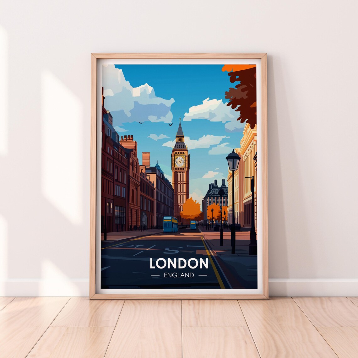 London England Big Ben Street With Double Decker Buses Travel Poster