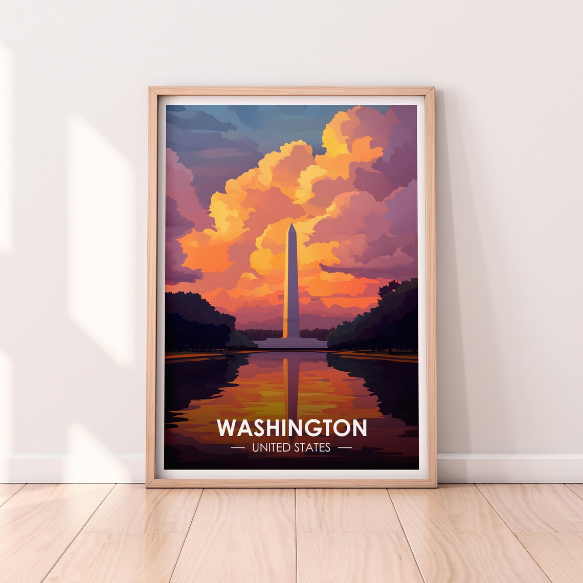 Washington United States Monument Sunset Reflection Travel Poster