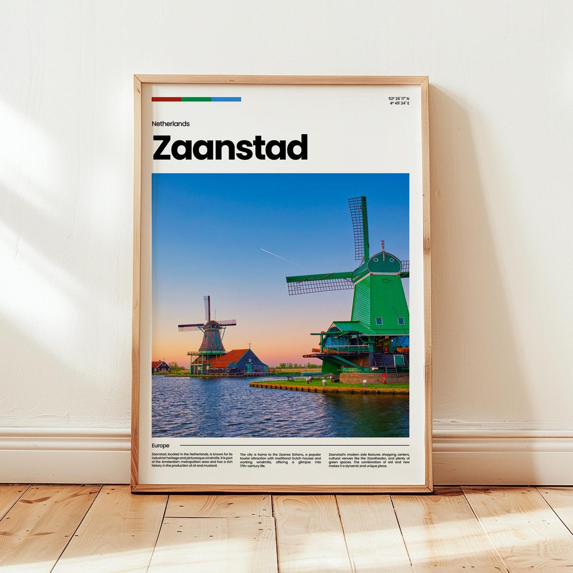 Zaanstad Netherlands Windmills Zaanse Schans Canal Travel Poster