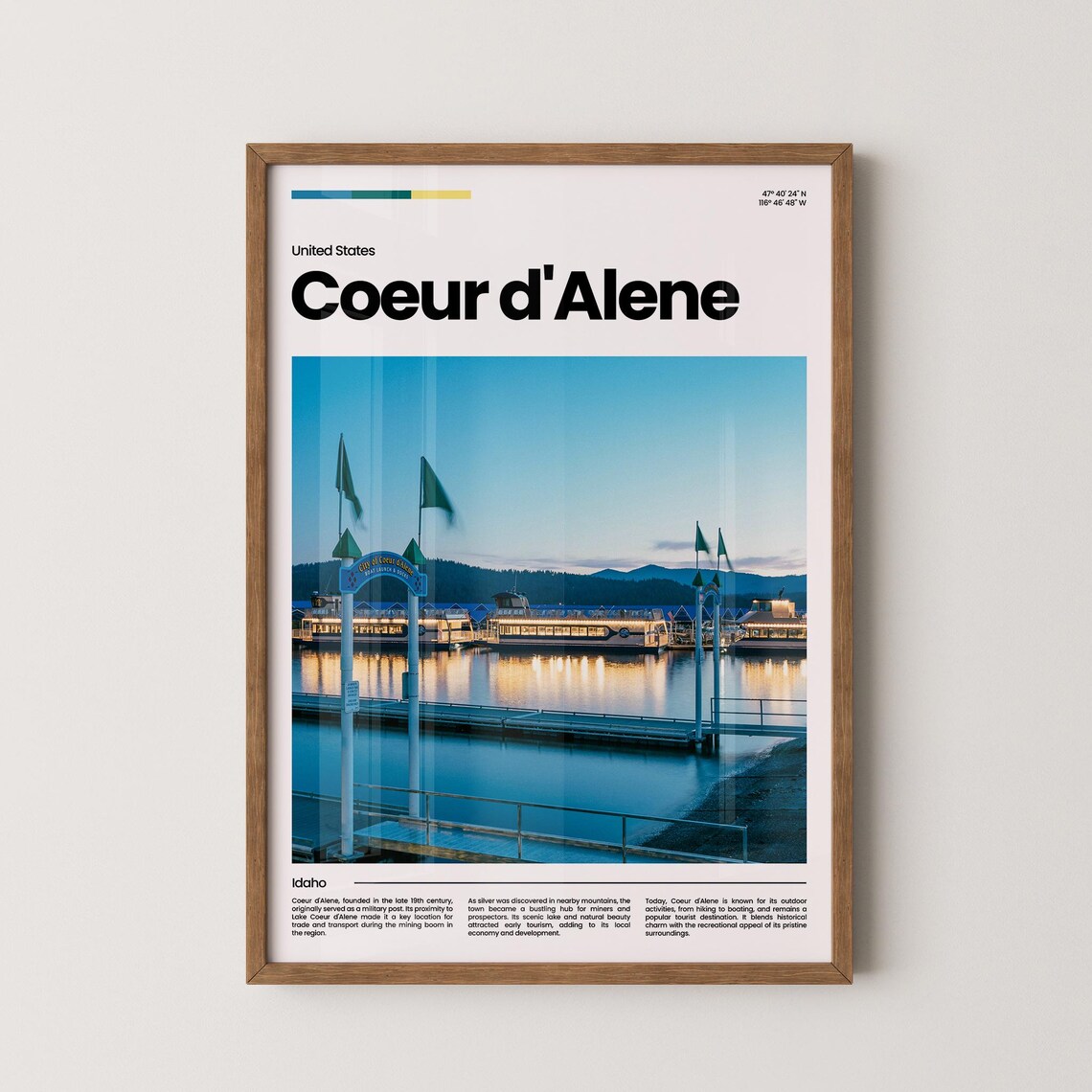 Coeur d'Alene Idaho Lake Marina Sunset Scenic City Travel Poster