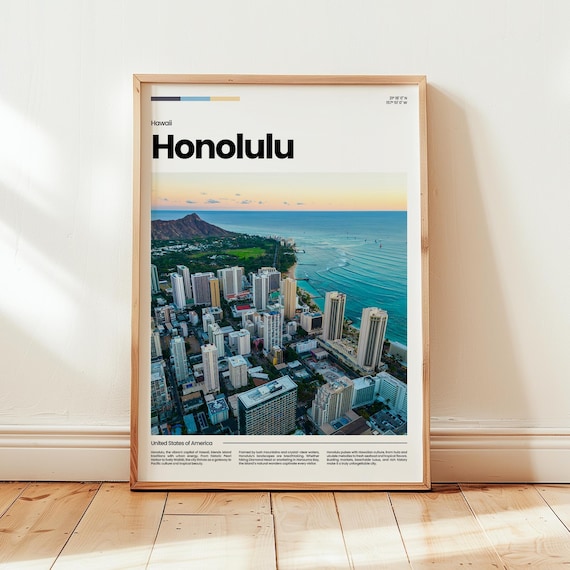 Honolulu Hawaii Waikiki Diamond Head Coastline Travel Poster