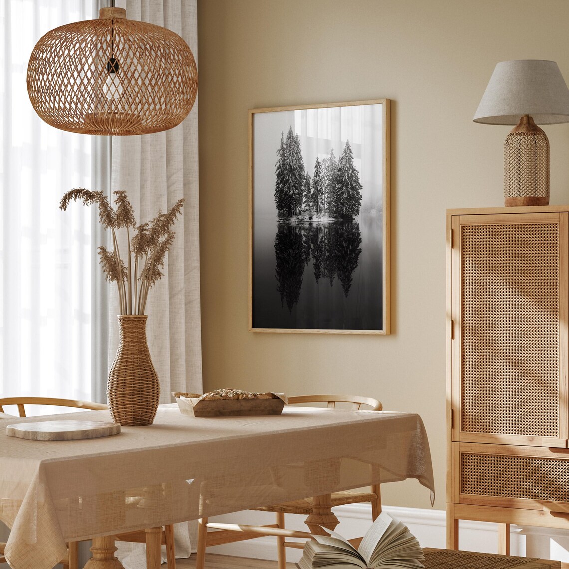 Black And White Pine Trees On Lake Landscape Print Winter Decor Wall Art Nature Photography A219 - Image 2