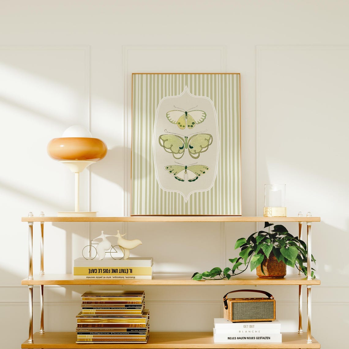 Sage Green Butterfly Print Vintage Cottagecore Wall Art Trendy Striped Spring Decor Art A247 - Image 3