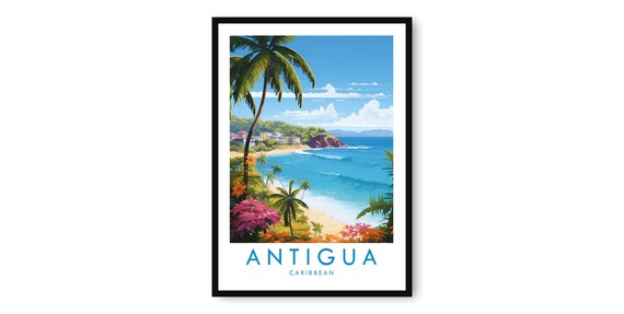 Antigua Caribbean Beach Palm Trees Turquoise Bay Travel Poster