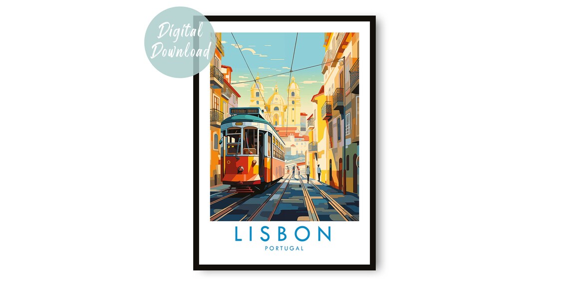 Lisbon Portugal Vintage Yellow Tram Street Retro Travel Poster
