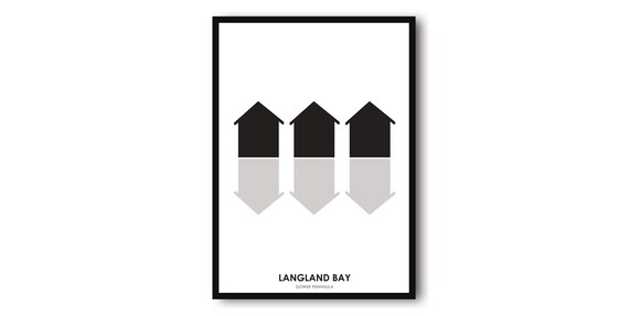 Langland Bay Gower Peninsula Minimalist Beach Huts Line Art Poster