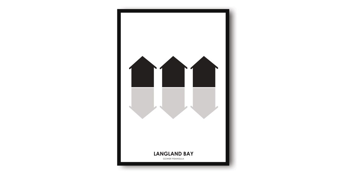 Langland Bay Gower Peninsula Minimalist Beach Huts Line Art Poster