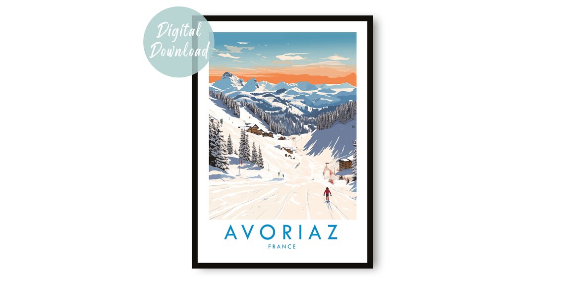 Avoriaz France Vintage Ski Slopes At Sunset Illustration Poster