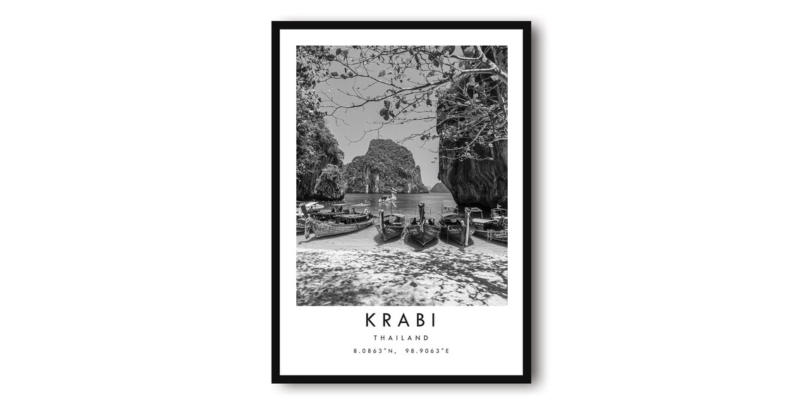 Krabi Thailand Black and White Travel Poster Print