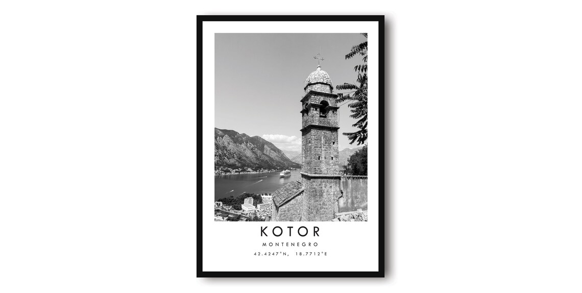 Kotor Montenegro Black and White Travel Poster