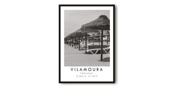 Vilamoura Portugal Black and White Beach Travel Poster