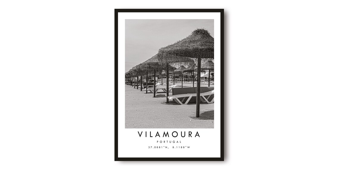 Vilamoura Portugal Black and White Beach Travel Poster