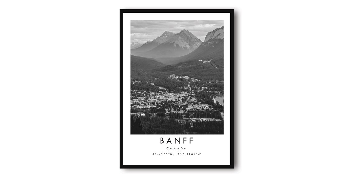 Banff Canada Black and White Mountain Travel Poster