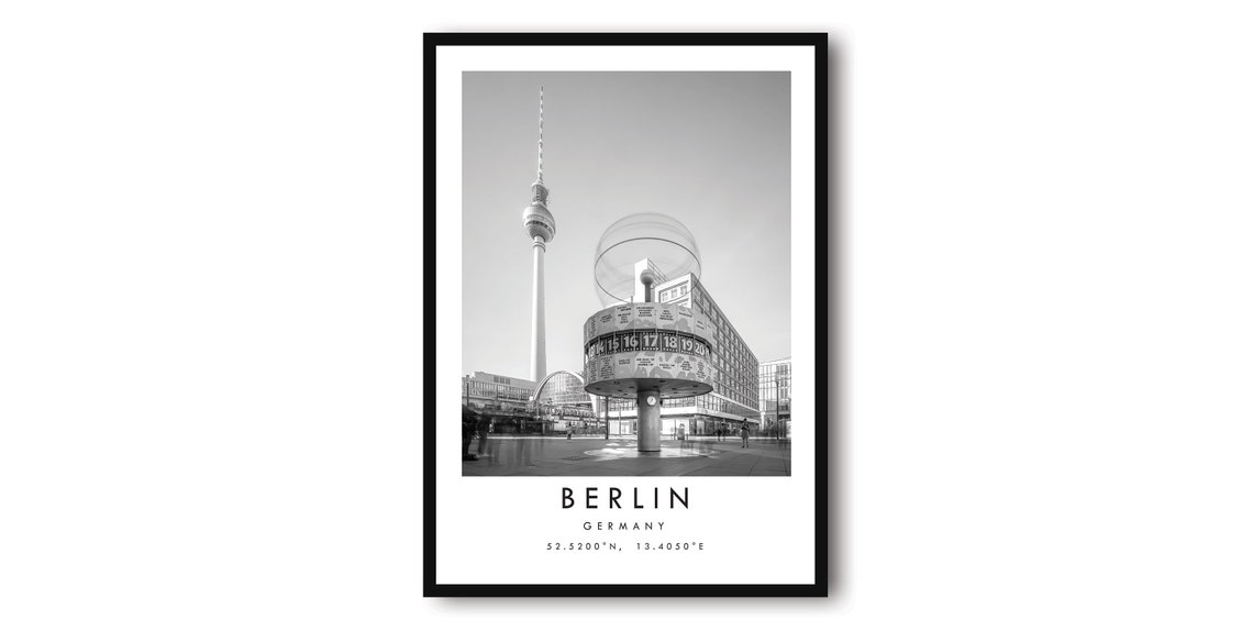 Berlin Germany Black And White TV Tower Clock Photography Poster