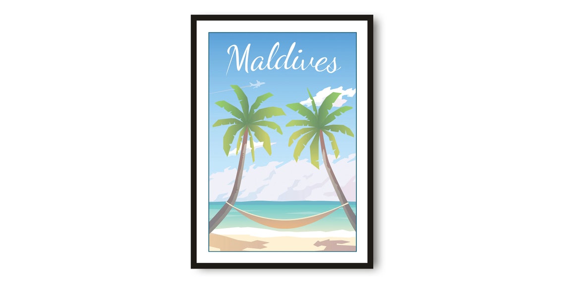 Maldives Tropical Beach Travel Poster with Palm Trees and Hammock