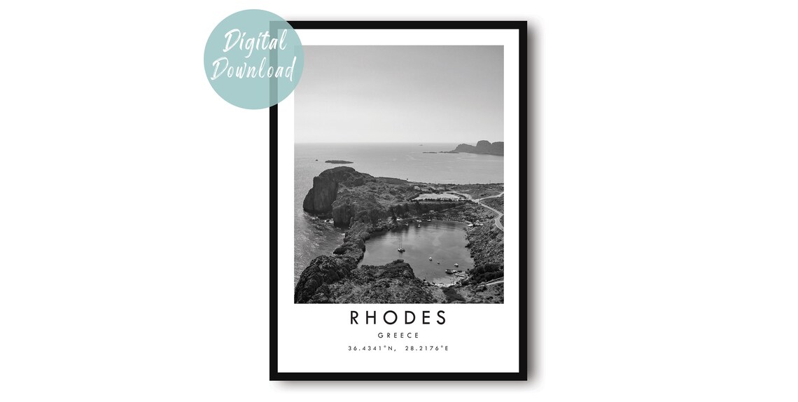 Rhodes Greece Black And White Coastal Aerial Bay Photo Poster
