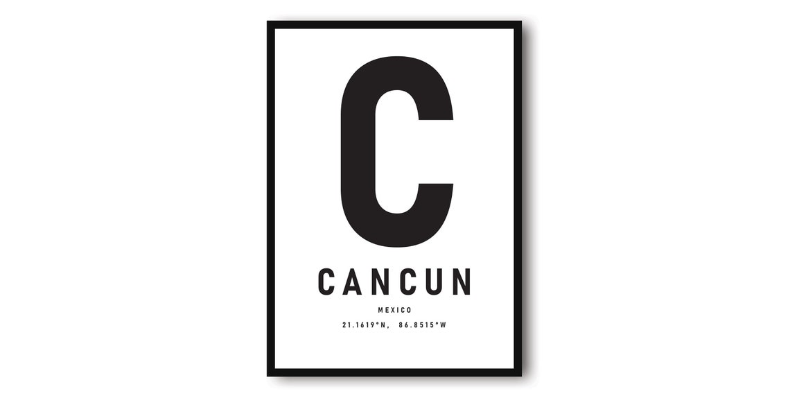 Cancun Mexico Typography With Coordinates Minimalist Travel Poster