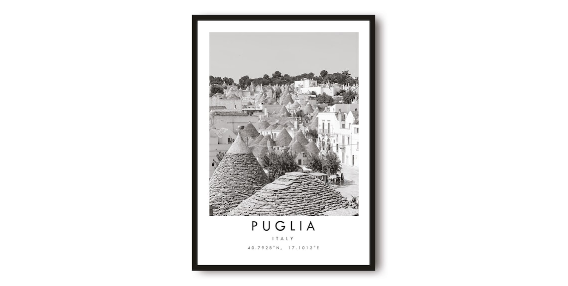 Puglia Italy Black And White Travel Poster, Minimalist Decor