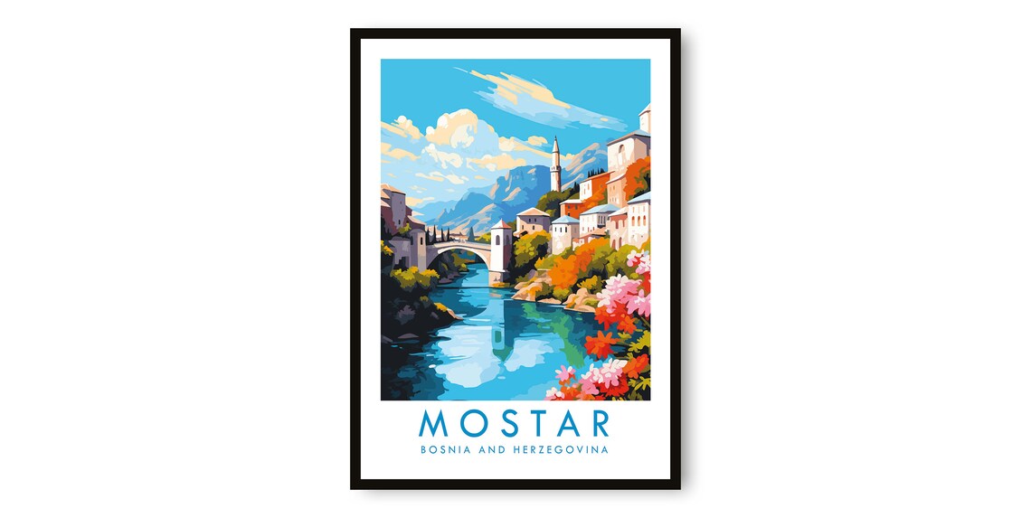 Mostar Bosnia and Herzegovina Old Bridge Colorful Travel Poster