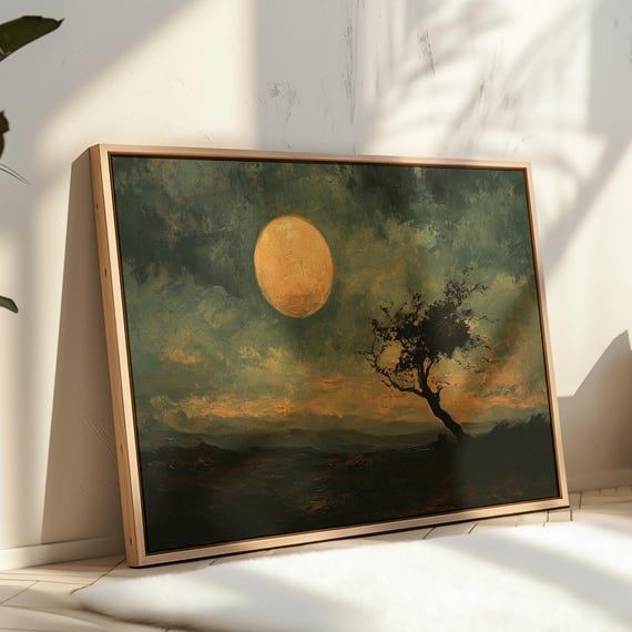 Twilight Moon Over Windswept Tree, Moody Landscape