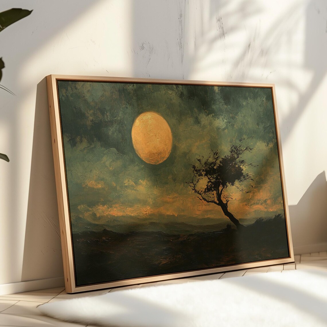 Twilight Moon Over Windswept Tree, Moody Landscape