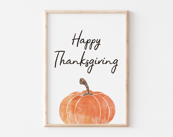 Happy Thanksgiving Calligraphy Script Orange Pumpkin Watercolor Wall Art