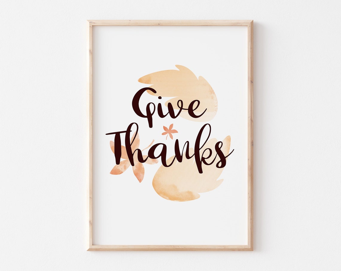 Give Thanks Script Watercolor Fall Thanksgiving Autumn Wall Art