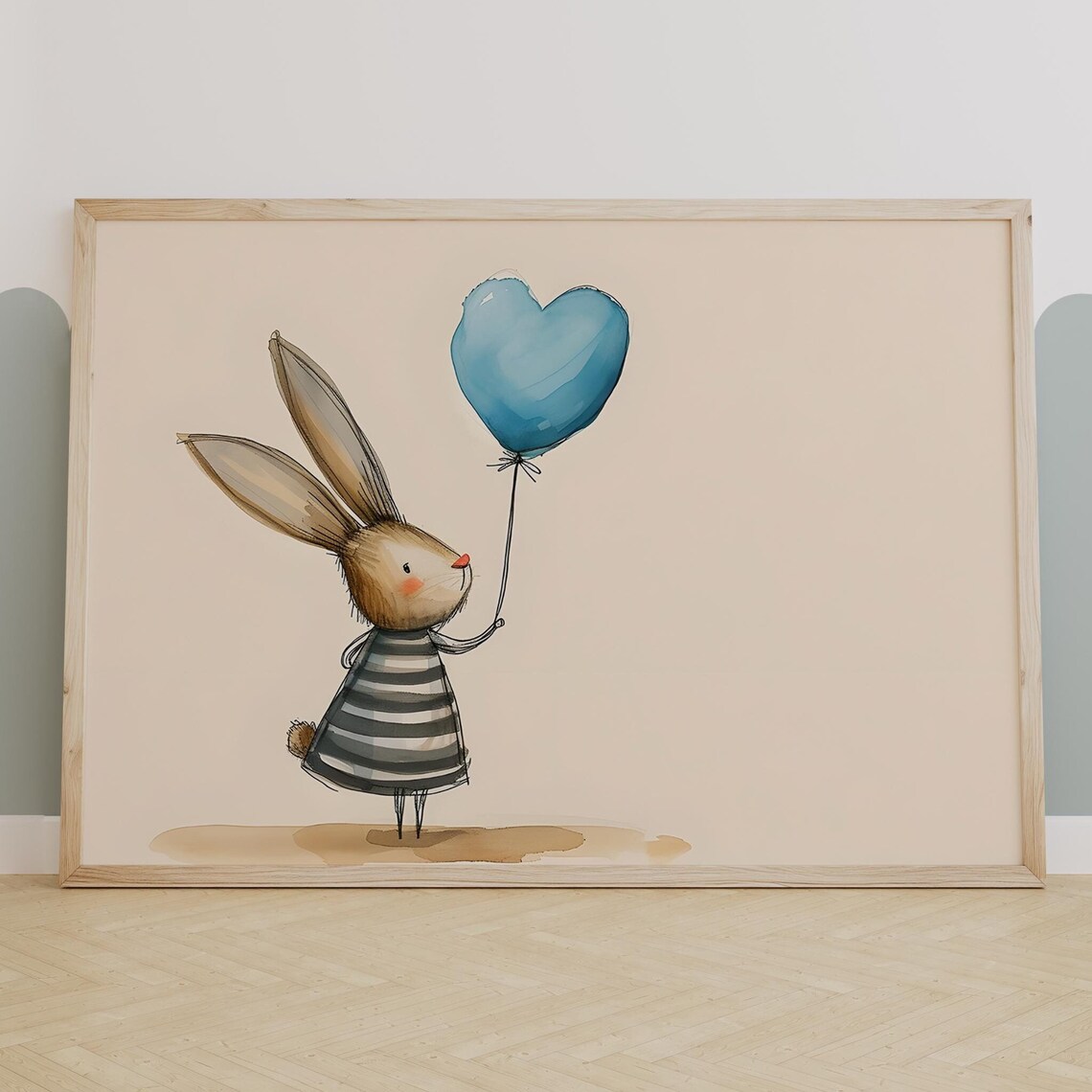 Bunny In Striped Dress With Heart Balloon Cute Nursery Wall Poster