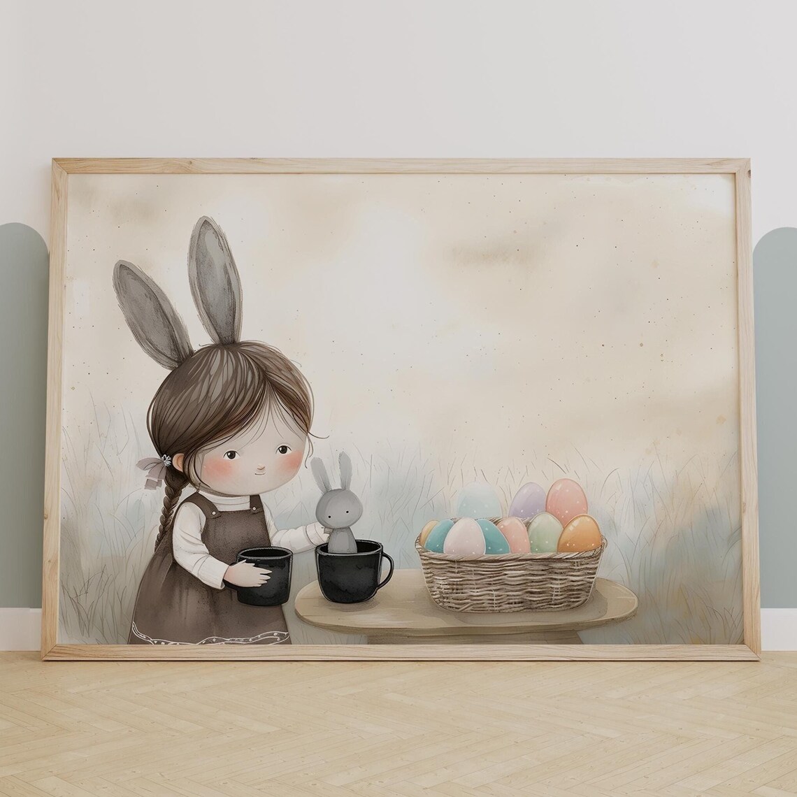 Bunny Girl With Easter Egg Basket Watercolor Spring Nursery Poster