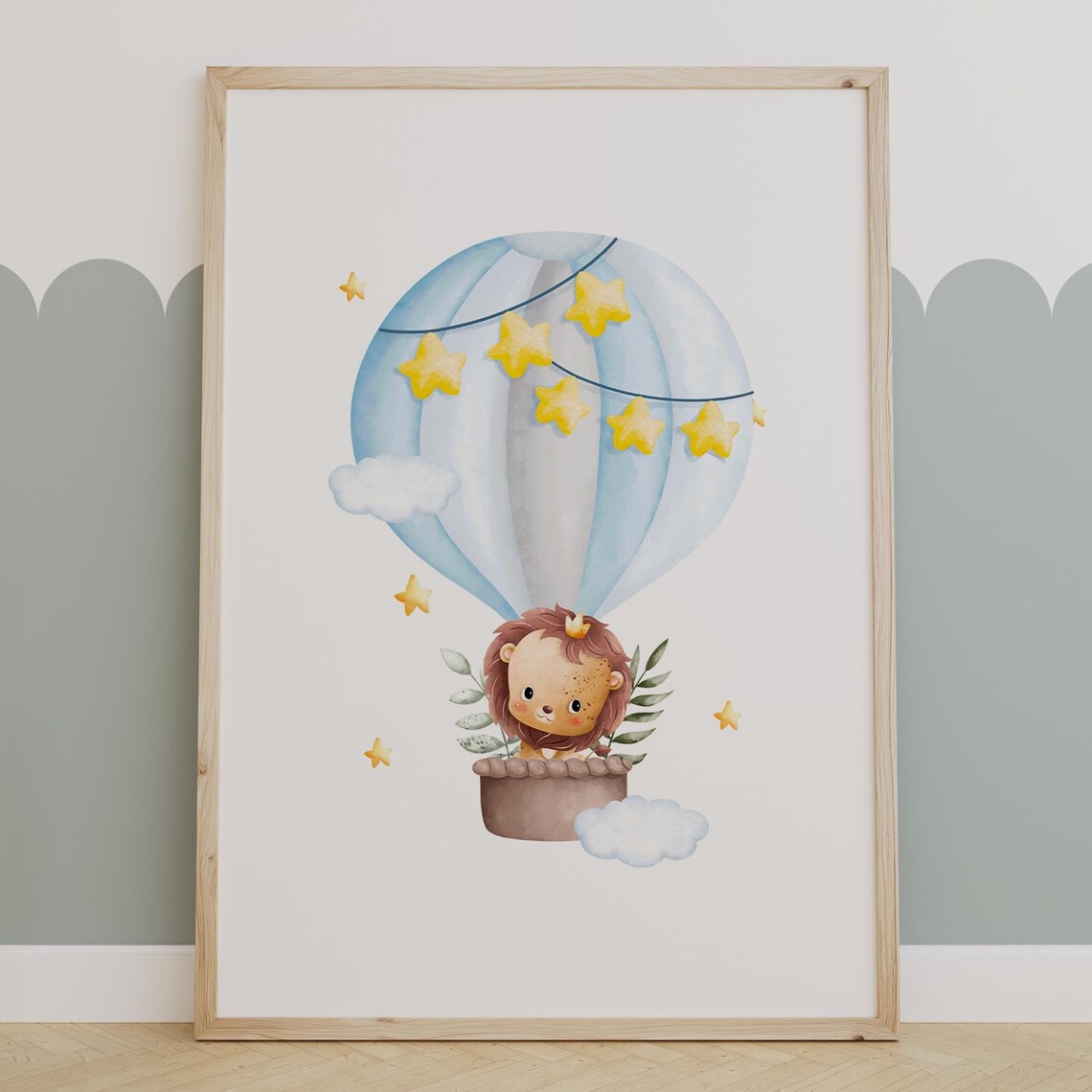 Baby Lion Hot Air Balloon Starry Sky Nursery Adventure Poster