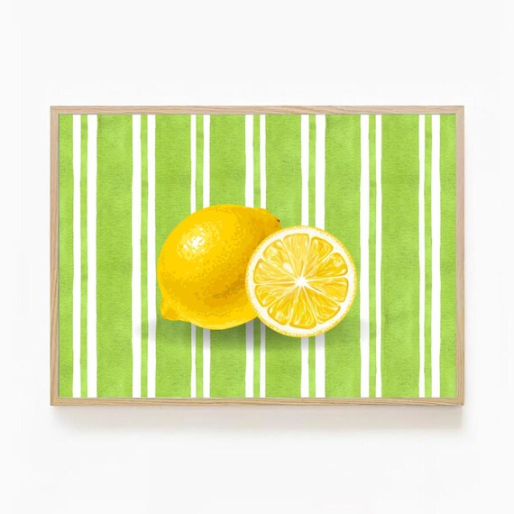 Lemon Modern Kitchen Decor Fresh Citrus Green White Stripe Art Print