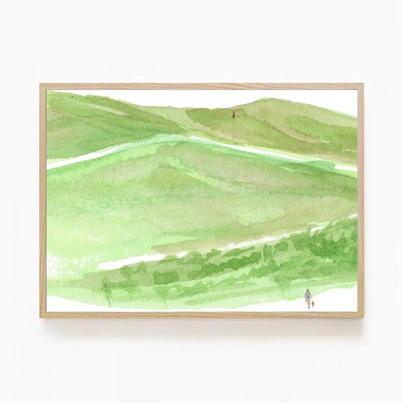 Dog Walking Minimalist Green Watercolor Hills Tiny Hiker Pet Poster