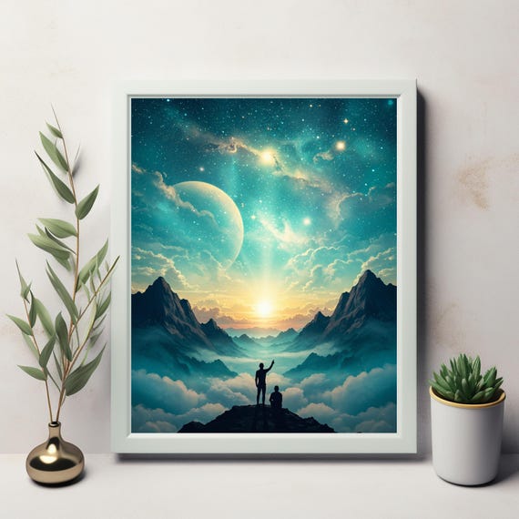 Cosmic Adventure A Silhouette Journey Through Vibrant Mountains And Celestial Wonders In Art