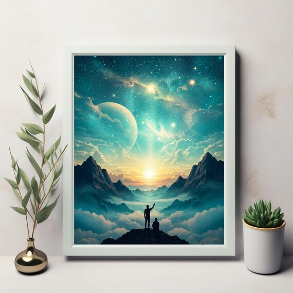 Cosmic Mountain Peaks Twin Silhouettes Giant Planet Sky Wall Poster