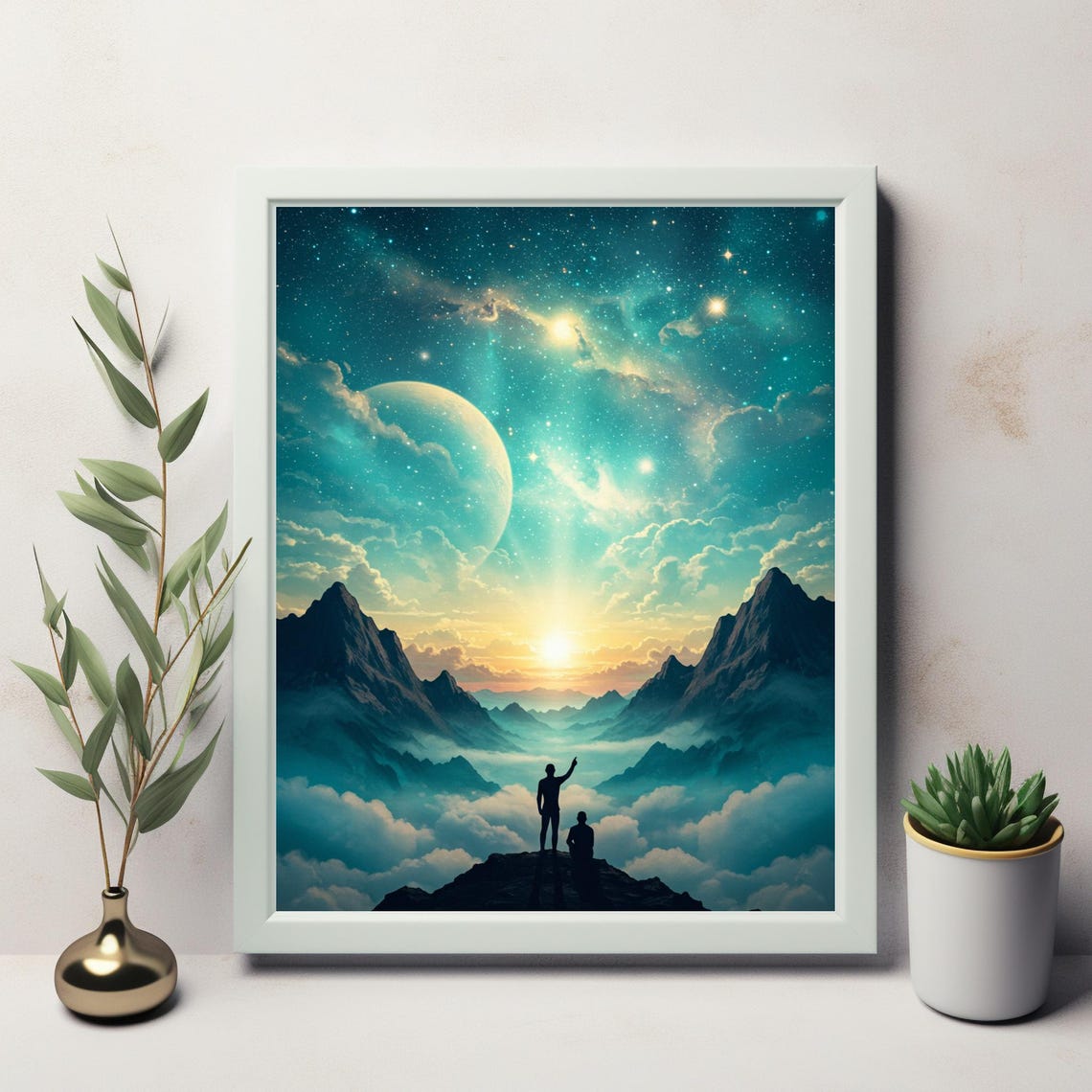 Cosmic Mountain Peaks Twin Silhouettes Giant Planet Sky Wall Poster