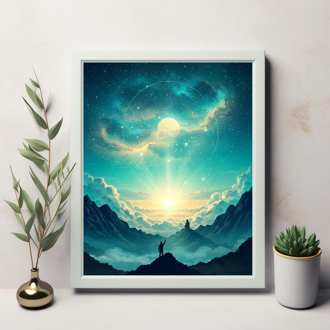 Celestial Ring Planet Silhouetted Explorer Mountain Wall Poster