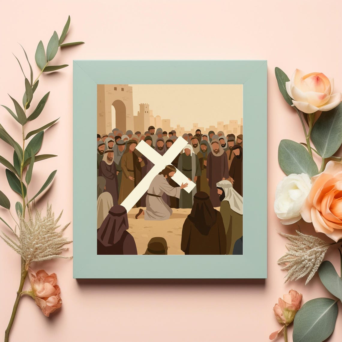 Jesus Embracing the Cross in Ancient Jerusalem Christian Poster