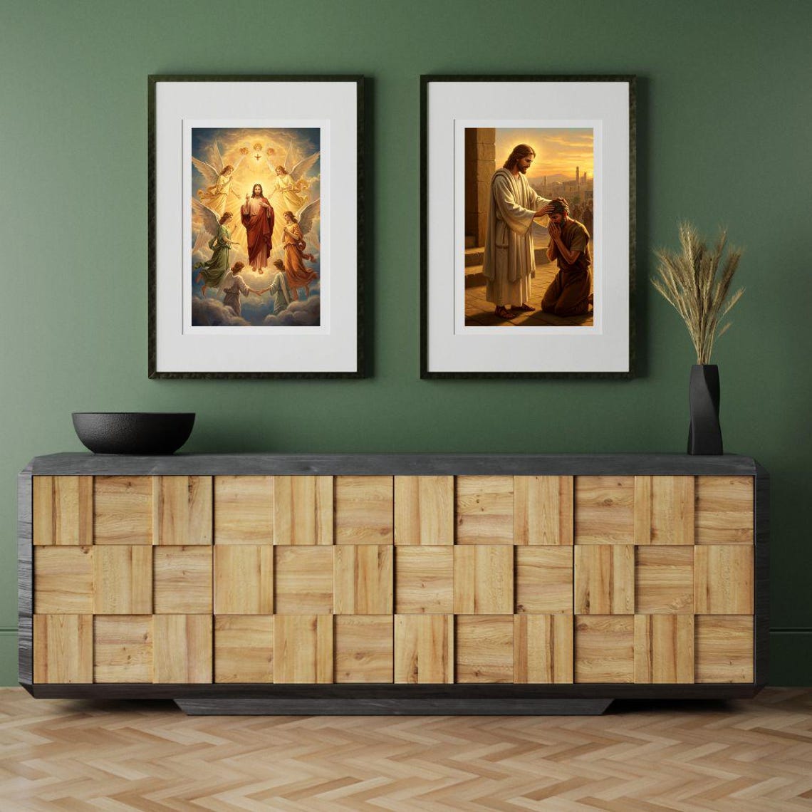 Jesus Healing the Kneeling Blind Man at Golden Sunset Art Poster - Image 3