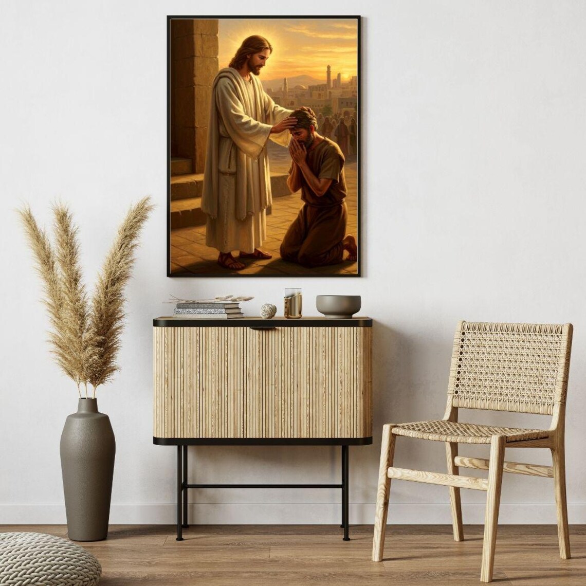 Jesus Healing the Kneeling Blind Man at Golden Sunset Art Poster - Image 4
