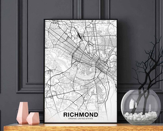 Richmond Virginia Va Usa Map Poster Black White Hometown City Print Modern Home Decor Office Decoration Wall Art Dorm Bedroom Gift