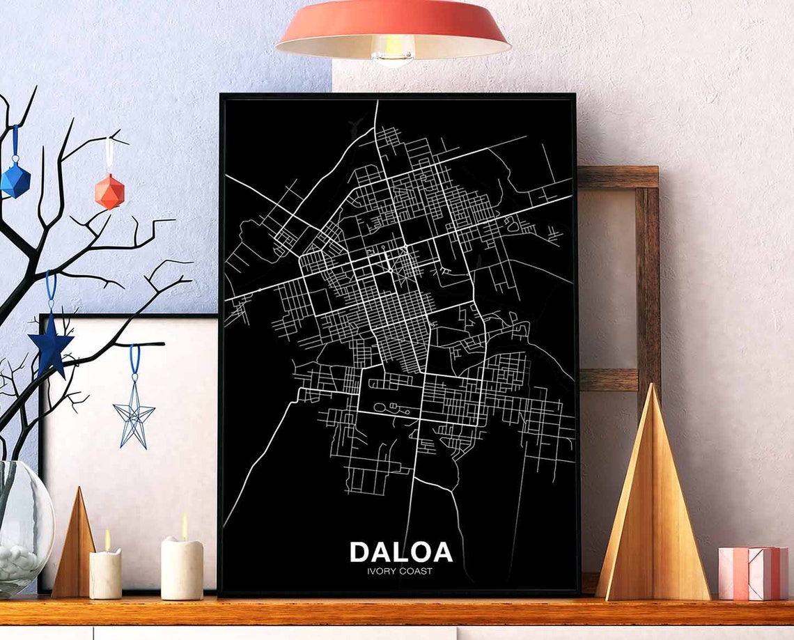Daloa Ivory Coast City Map White Line Black Background Poster