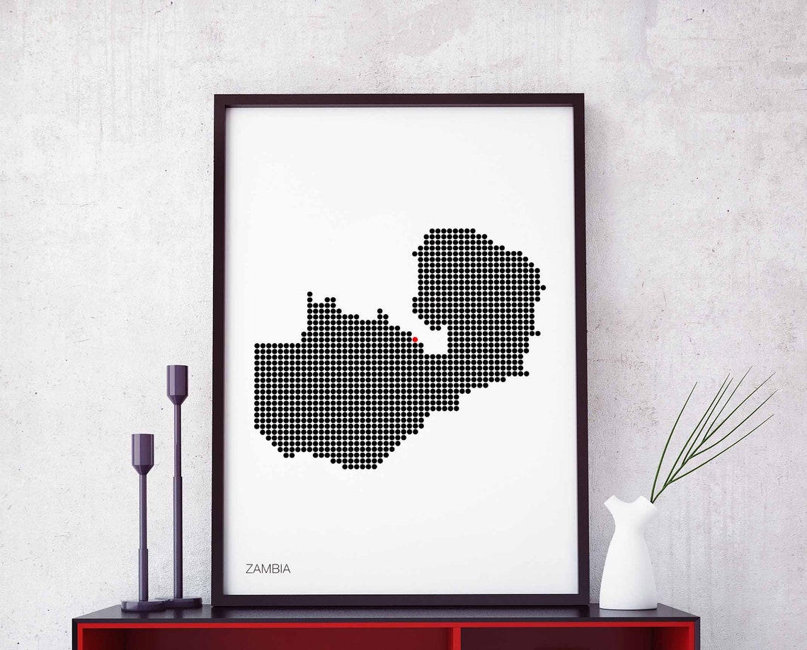 Zambia Dotted Grid Map Black and White Minimalist Wall Poster
