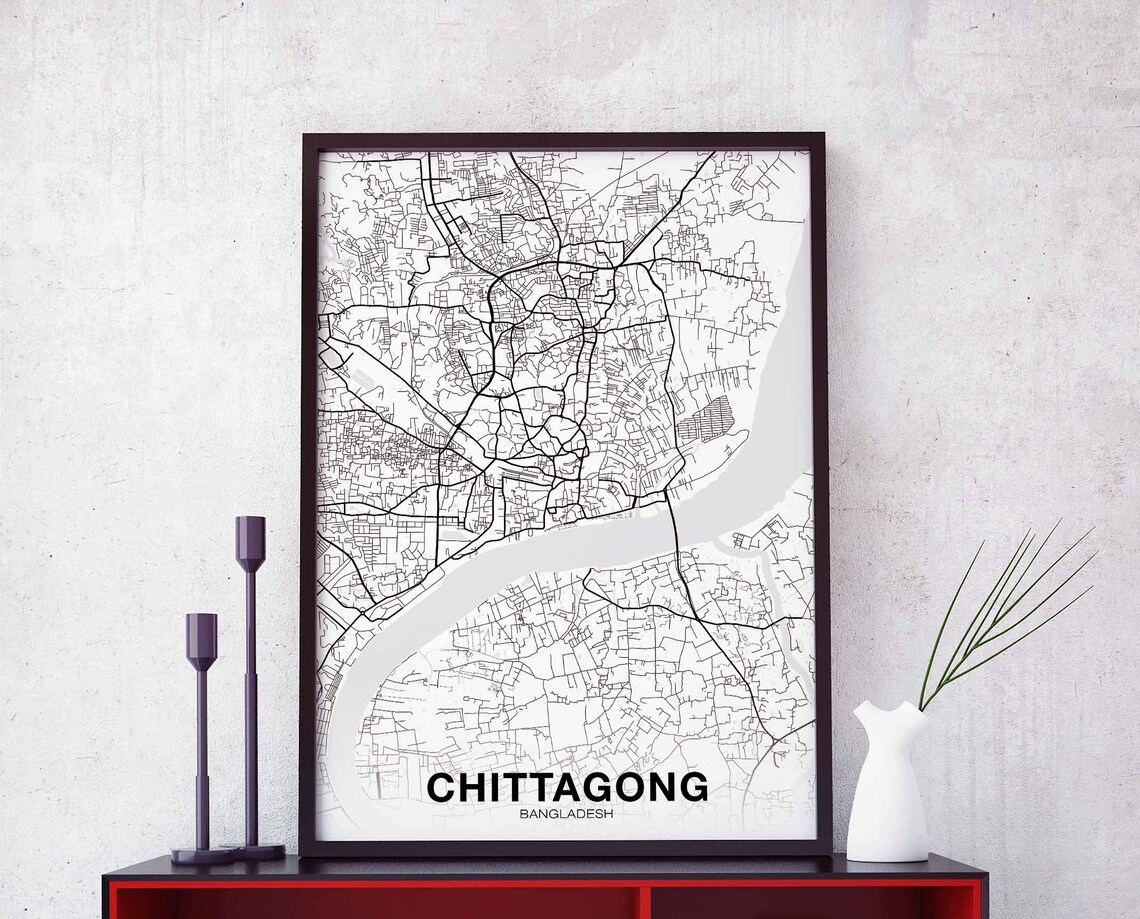 Chittagong Bangladesh Map Poster, Modern Home Decor