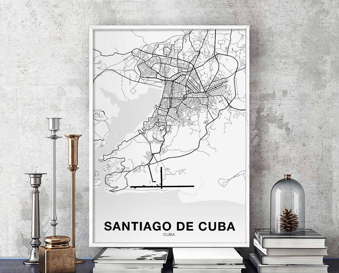 Santiago De Cuba City Map Poster Black White Minimalist Street Decor