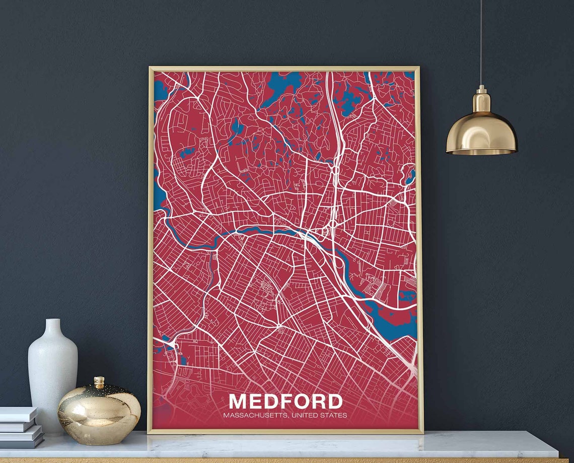 Medford Massachusetts Deep Red Modern City Street Map Poster