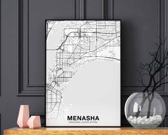 Menasha Wisconsin Usa Map Poster Black White Hometown City Print Modern Home Decor Office Decoration Wall Art Dorm Bedroom Gift