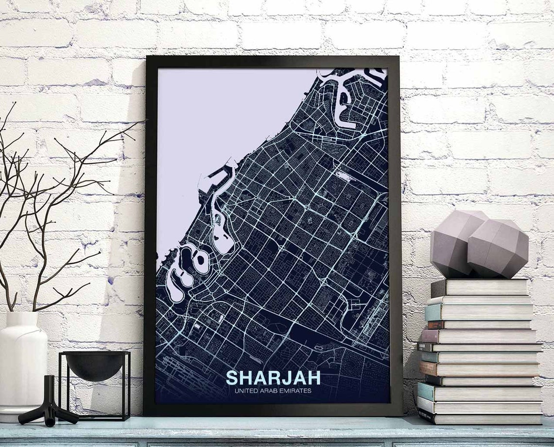 Sharjah United Arab Emirates Navy City Street Map Poster Decor