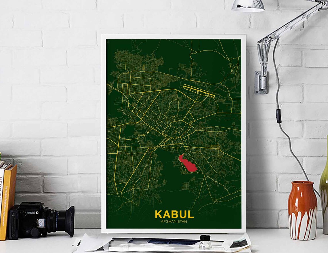 Kabul Afghanistan City Street Map Green and Gold Style Poster